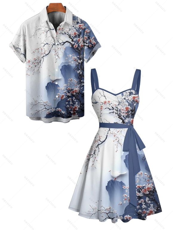 Vacation Couple Outfit Ink Panting Floral Print Ruched Belt Dress and Shirt Set - Bleu profond S | US 4