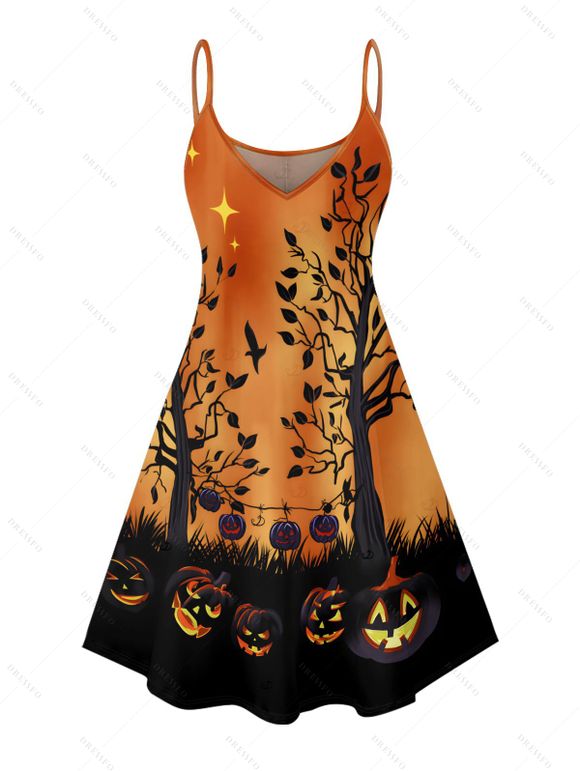 Robe gothique à imprimé citrouille et bretelles spaghetti - Orange XXXXXL | US 20