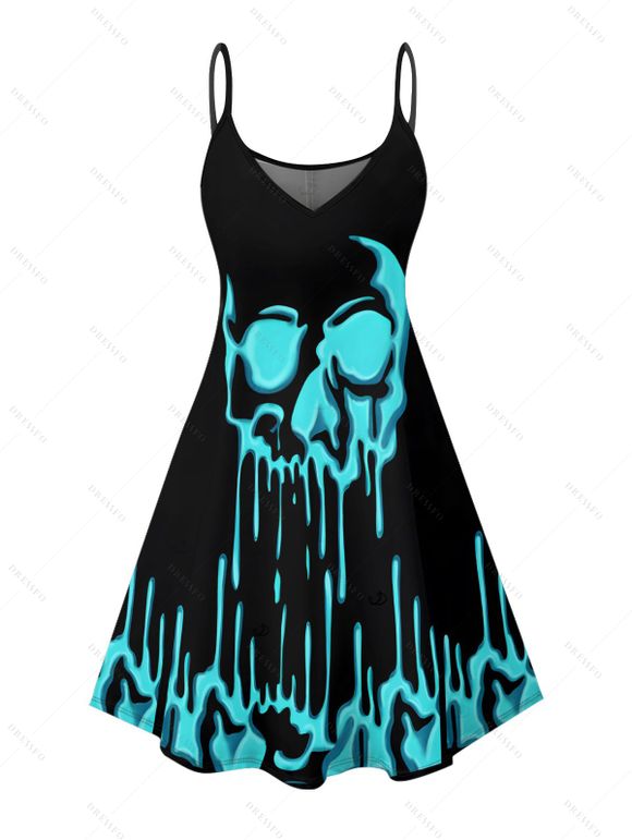 Robe gothique à imprimé tête de mort fondue, mini-robe à bretelles spaghetti pour Halloween - Noir XXXXXL | US 20