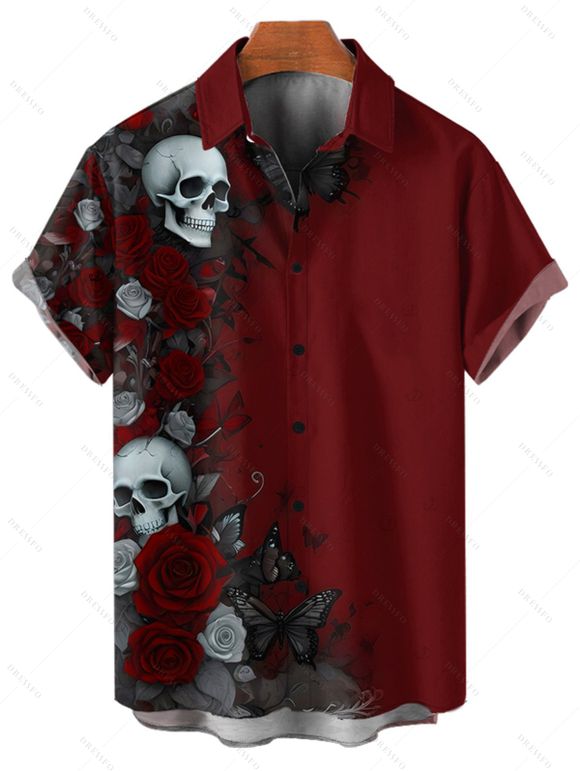 Chemise boutonnée gothique Halloween pour homme, motif roses, crânes et papillons - Rouge foncé 5XL