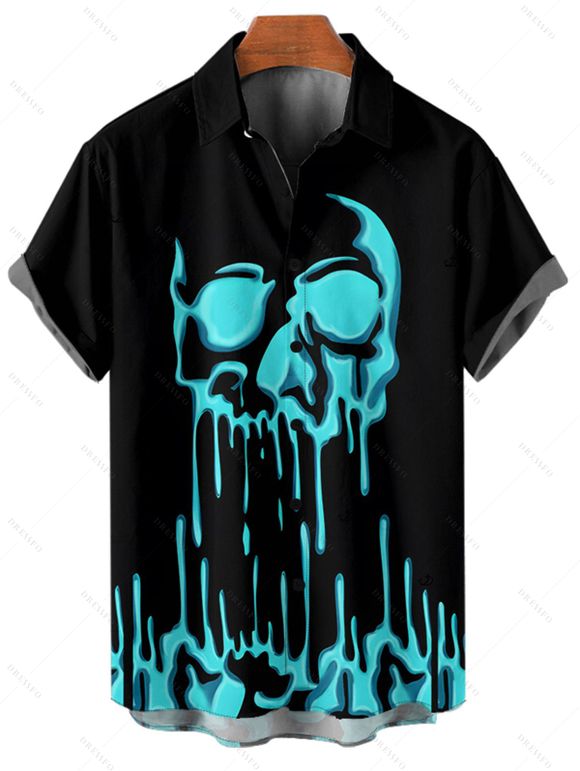 Chemise gothique boutonnée pour homme avec imprimé tête de mort fondue pour Halloween - Noir 5XL