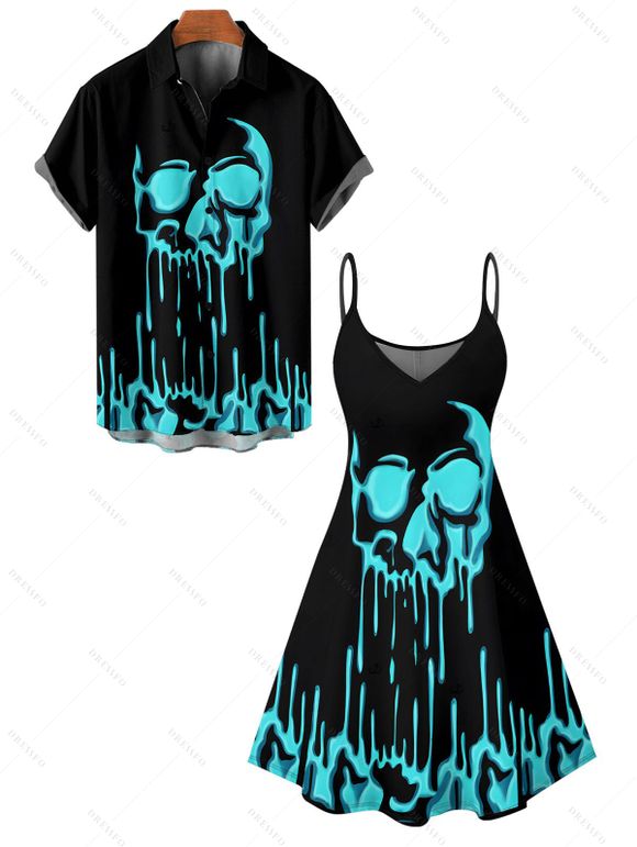 Gothic Couple Outfit Melted Skull Print Spaghetti Strap Mini Dress and Shirt Set - Noir S | US 4