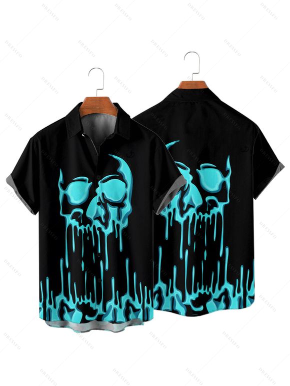 Chemise gothique boutonnée pour homme avec imprimé tête de mort fondue pour Halloween - Noir 5XL