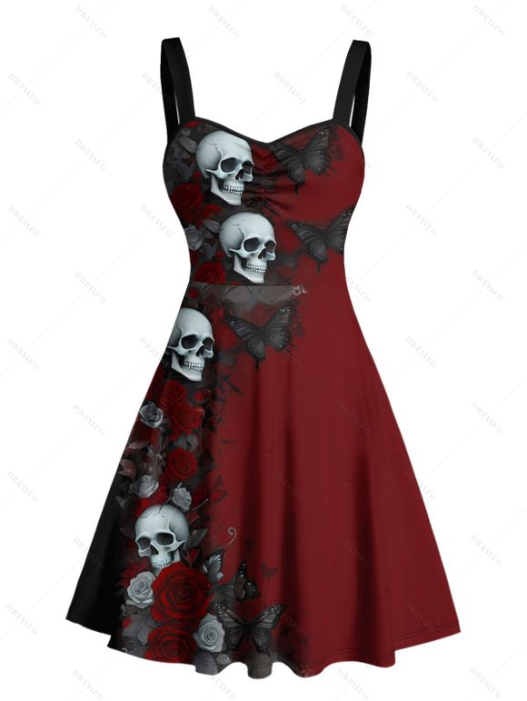 Robe gothique d'Halloween, mini-robe froncée à imprimé papillons et têtes de mort roses - Rouge foncé XXXXXL | US 20