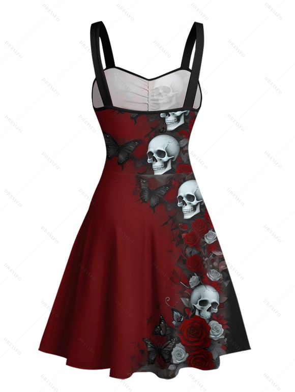 Robe gothique d'Halloween, mini-robe froncée à imprimé papillons et têtes de mort roses - Rouge foncé XXL | US 14