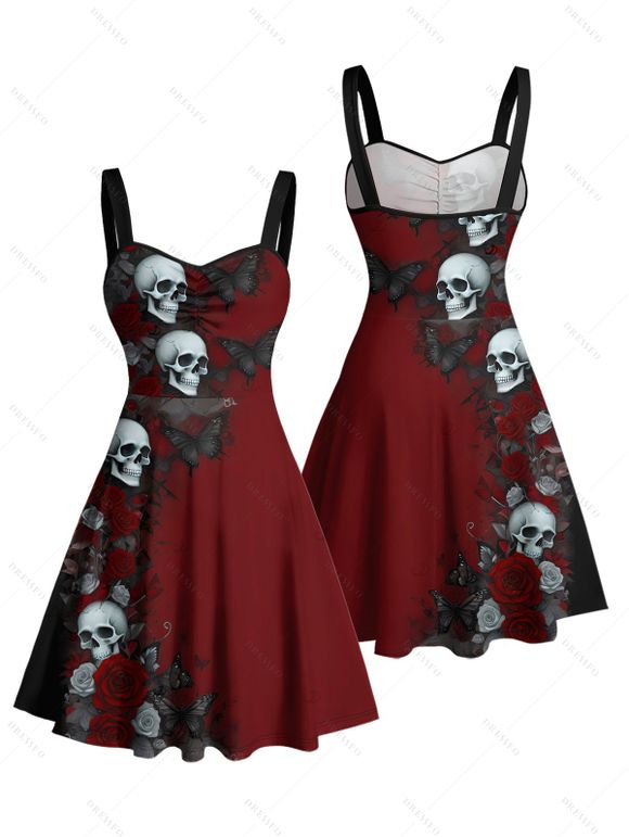 Robe gothique d'Halloween, mini-robe froncée à imprimé papillons et têtes de mort roses - Rouge foncé XXL | US 14