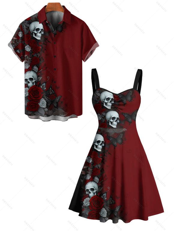 Halloween Gothic Couple Outfit Rose Skulls Butterfly Print Ruched Mini Dress and Shirt Set - Rouge foncé S | US 4