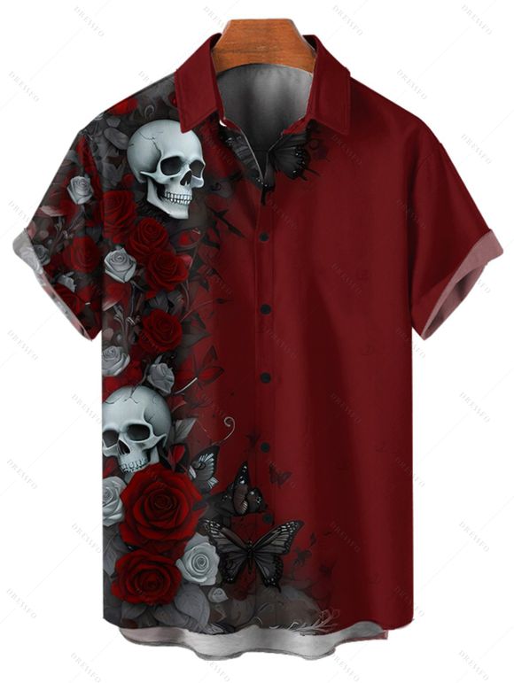 Halloween Gothic Couple Outfit Rose Skulls Butterfly Print Ruched Mini Dress and Shirt Set - Rouge foncé S | US 4