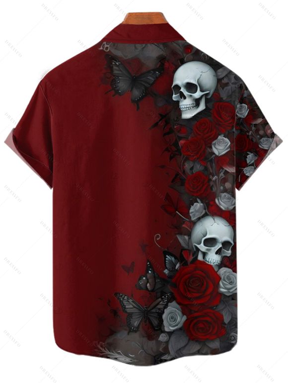 Halloween Gothic Couple Outfit Rose Skulls Butterfly Print Ruched Mini Dress and Shirt Set - Rouge foncé S | US 4
