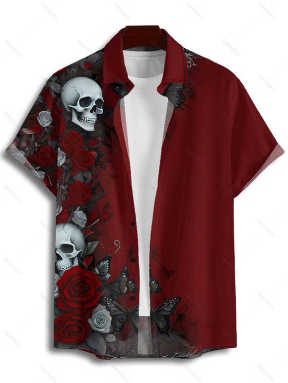 Halloween Gothic Couple Outfit Rose Skulls Butterfly Print Ruched Mini Dress and Shirt Set - Rouge foncé S | US 4