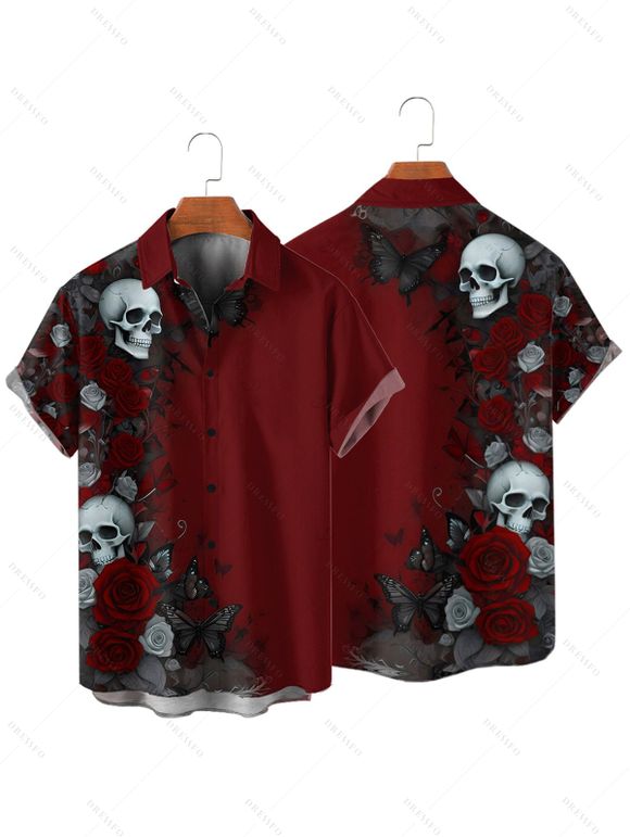 Halloween Gothic Couple Outfit Rose Skulls Butterfly Print Ruched Mini Dress and Shirt Set - Rouge foncé S | US 4