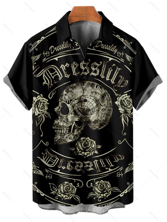 Chemise boutonnée gothique pour homme avec imprimé tête de mort et rose pour Halloween - Noir 5XL