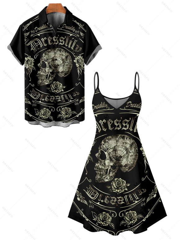 Gothic Couple Outfit Skull Rose Letter Print Spaghetti Strap Mini Dress and Shirt Set - Noir S | US 4
