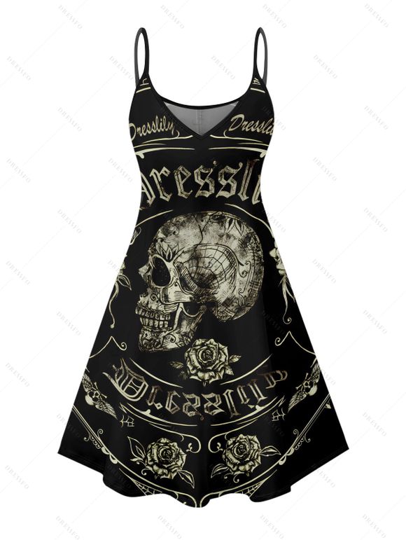 Gothic Couple Outfit Skull Rose Letter Print Spaghetti Strap Mini Dress and Shirt Set - Noir S | US 4