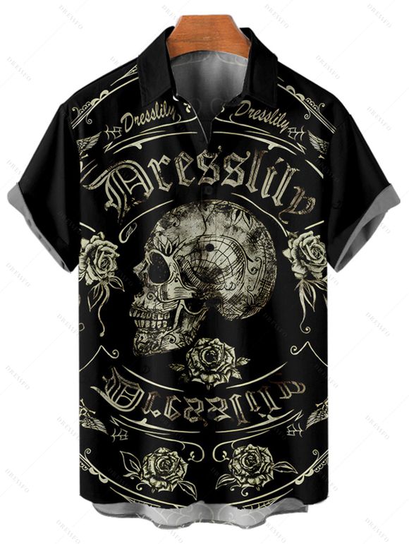 Gothic Couple Outfit Skull Rose Letter Print Spaghetti Strap Mini Dress and Shirt Set - Noir S | US 4