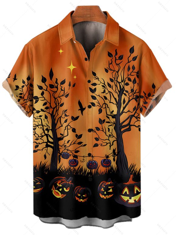 Chemise boutonnée gothique pour homme, imprimé citrouille et nuit d'Halloween - Orange 5XL