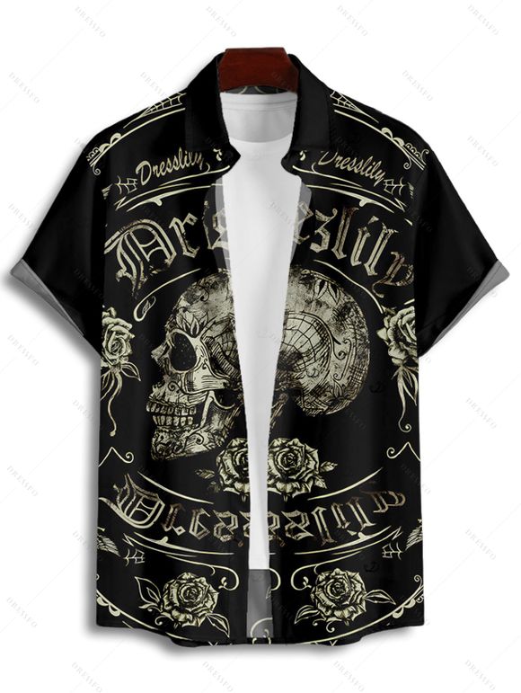 Gothic Couple Outfit Skull Rose Letter Print Spaghetti Strap Mini Dress and Shirt Set - Noir S | US 4