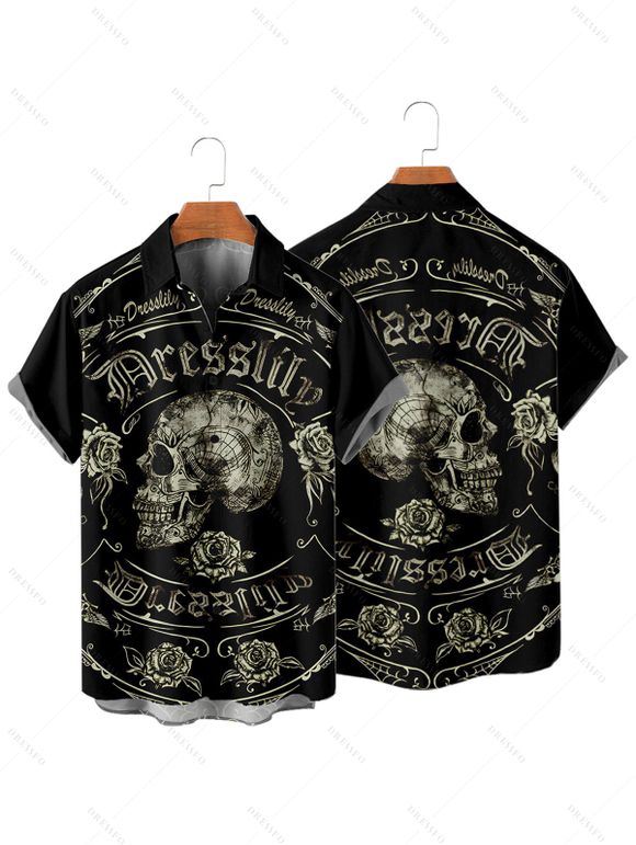 Gothic Couple Outfit Skull Rose Letter Print Spaghetti Strap Mini Dress and Shirt Set - Noir S | US 4