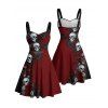Robe gothique d'Halloween, mini-robe froncée à imprimé papillons et têtes de mort roses - Rouge foncé XXXXXL | US 20
