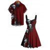 Halloween Gothic Couple Outfit Rose Skulls Butterfly Print Ruched Mini Dress and Shirt Set - Rouge foncé S | US 4