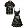 Gothic Couple Outfit Skull Rose Letter Print Spaghetti Strap Mini Dress and Shirt Set - Noir S | US 4