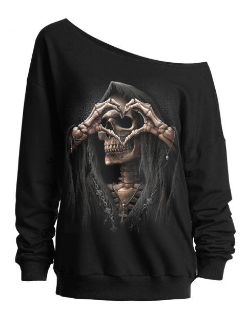Sweat-shirt gothique à col incliné avec imprimé tête de mort et squelette pour Halloween