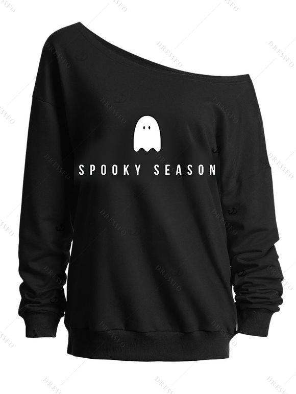 Sweat-shirt mignon à col incliné avec imprimé fantôme d'Halloween - Noir XXL | US 14