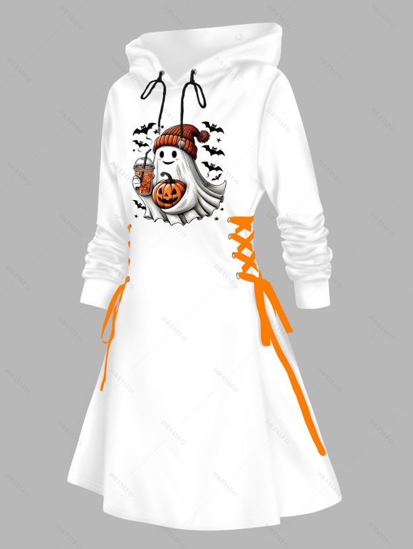 Robe à capuche imprimée citrouille fantôme d'Halloween, mini-robe à lacets et cordons de serrage - Blanc XXL | US 14