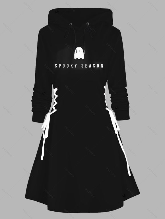 Robe à capuche imprimée fantôme d'Halloween avec cordons de serrage et lacets - Noir XXL | US 14
