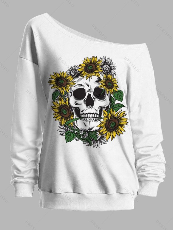 Sweat-shirt gothique à col oblique et imprimé tête de mort et tournesol pour Halloween - Blanc XXL | US 14