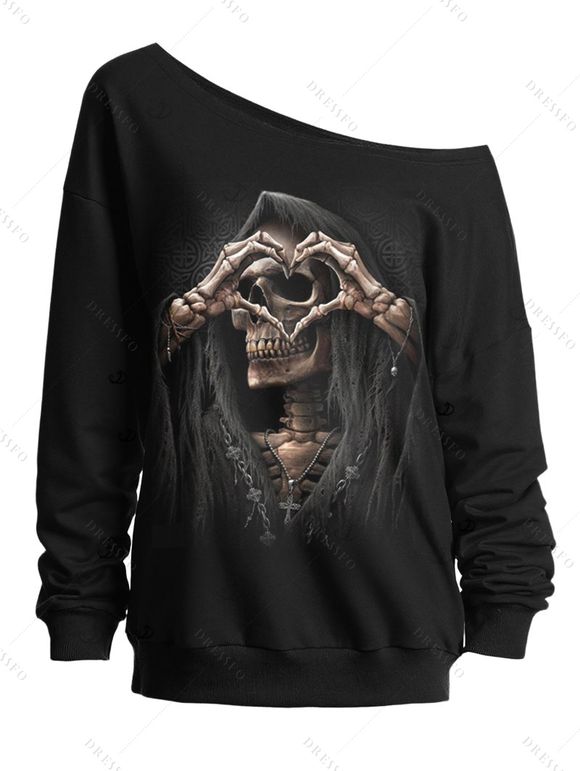 Sweat-shirt gothique à col incliné avec imprimé tête de mort et squelette pour Halloween - Noir XXL | US 14