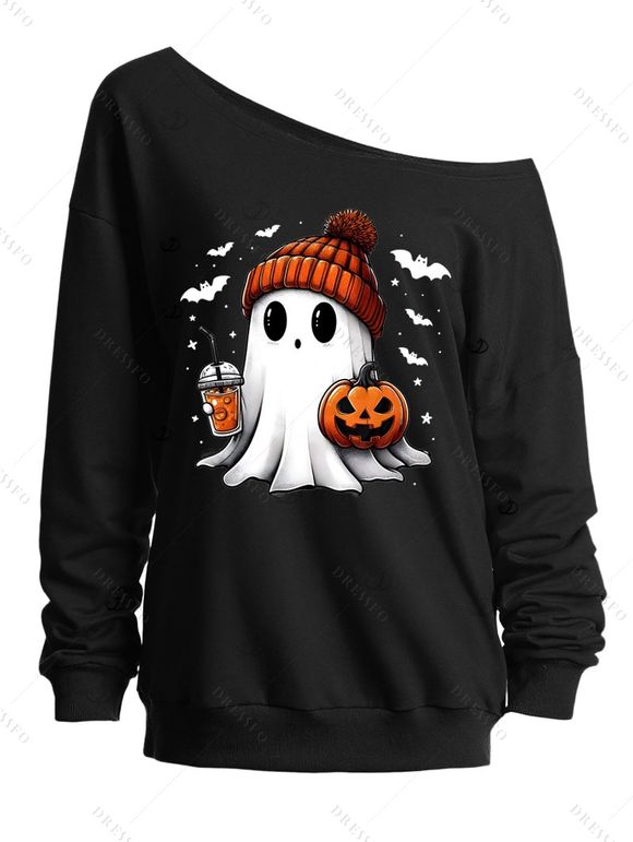 Sweat-shirt mignon à col incliné avec imprimé fantôme, citrouille et chauve-souris d'Halloween - Noir XXL | US 14
