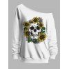 Sweat-shirt gothique à col oblique et imprimé tête de mort et tournesol pour Halloween - Blanc XXL | US 14