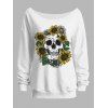 Sweat-shirt gothique à col oblique et imprimé tête de mort et tournesol pour Halloween - Blanc XXL | US 14