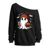 Sweat-shirt mignon à col incliné avec imprimé fantôme, citrouille et chauve-souris d'Halloween - Noir XXL | US 14