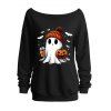 Sweat-shirt mignon à col incliné avec imprimé fantôme, citrouille et chauve-souris d'Halloween - Noir XXL | US 14