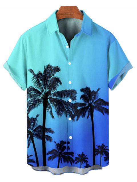 Chemise de vacances à motif cocotier ombré pour homme, boutonnée, retroussée, manches courtes, pour la plage