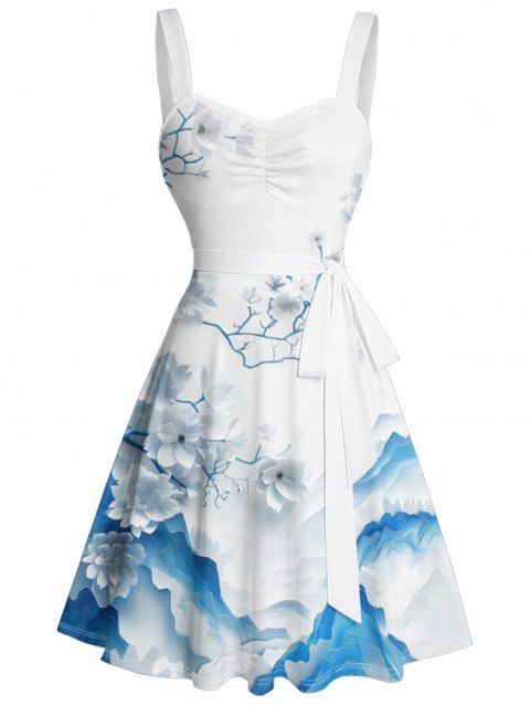 Vacation Dress Floral Mountain Print Ruched Belt Dress