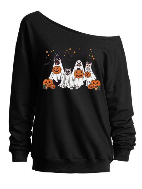 Sweat-shirt mignon à col incliné avec imprimé citrouille fantôme et chien d'Halloween