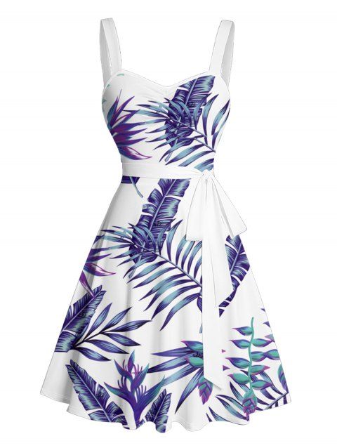 Robe de vacances pour la plage, imprimé feuilles de plantes tropicales, robe à ceinture froncée