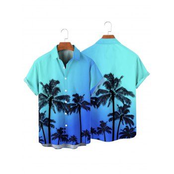 Vacation Couple Outfit Ombre Coconut Tree Pattern Belt V Neck Short Sleeve A Line Midi Dress and Button Up Shirt Beach Matching Outfit