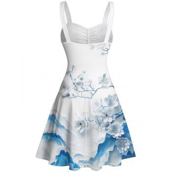 Vacation Couple Outfit Floral Mountain Print Ruched Belt Dress and Shirt Set