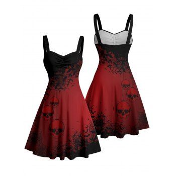 Christmas Dress Colorblock Snowflake Skulls Print Ruched Mini Dress