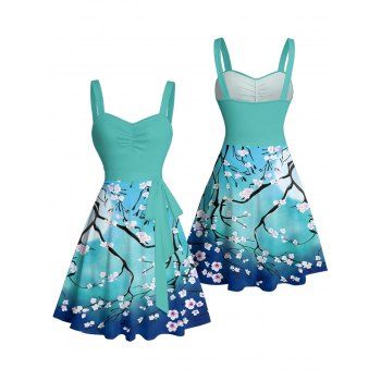 Vacation Dress Ombre Plum Blossom Print Ruched Belt Mini Dress