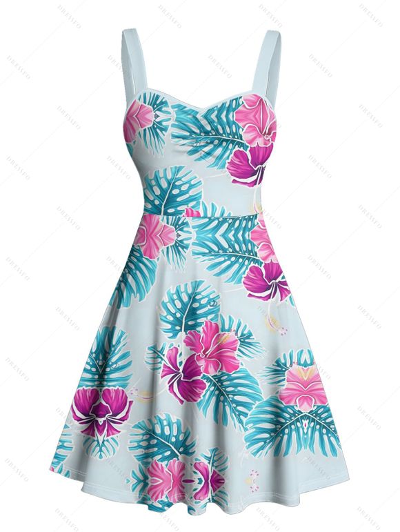 Robe de vacances pour la plage, mini-robe à imprimé feuilles et fleurs, buste froncé - Bleu clair XXXXXL | US 20