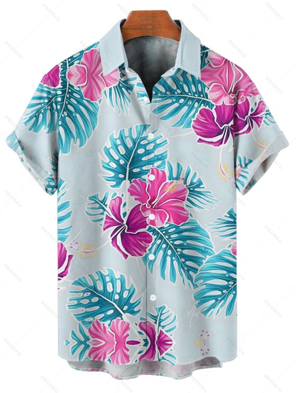 Chemise de vacances pour homme, imprimé feuilles et fleurs, boutonnée, pour la plage - Bleu clair 5XL