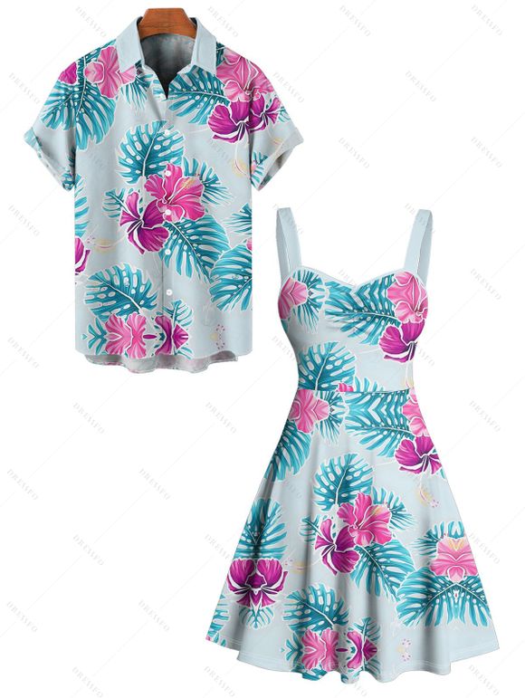 Vacation Couple Outfit Leaf Flower Print Ruched Mini Dress and Shirt Set - Bleu clair S | US 4