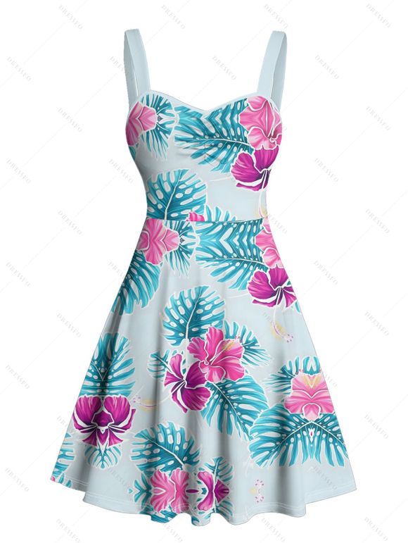 Vacation Couple Outfit Leaf Flower Print Ruched Mini Dress and Shirt Set - Bleu clair S | US 4