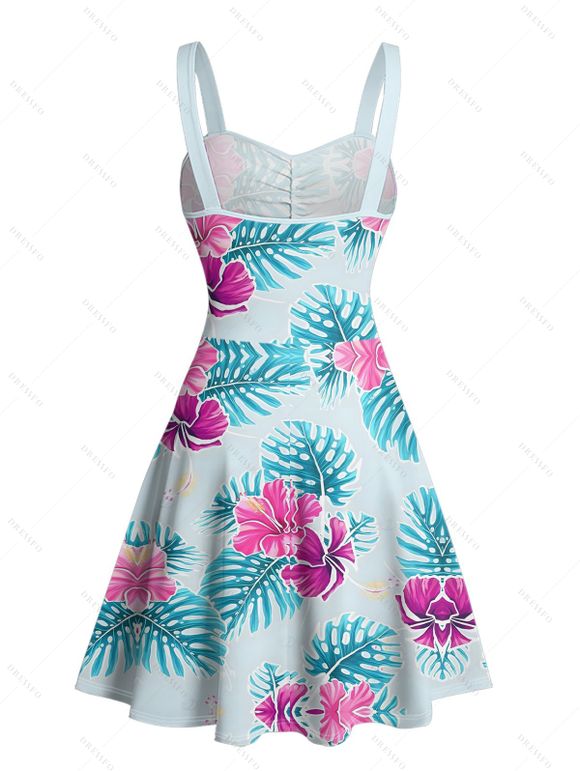 Vacation Couple Outfit Leaf Flower Print Ruched Mini Dress and Shirt Set - Bleu clair S | US 4