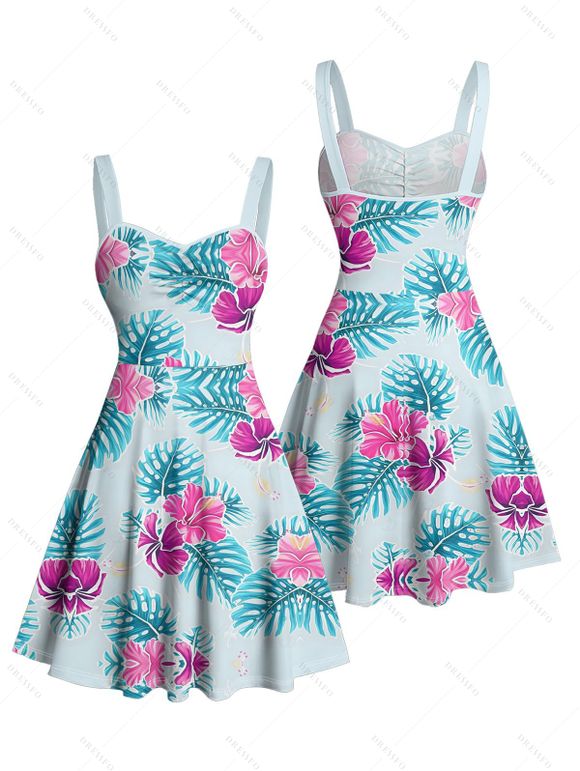 Vacation Couple Outfit Leaf Flower Print Ruched Mini Dress and Shirt Set - Bleu clair S | US 4